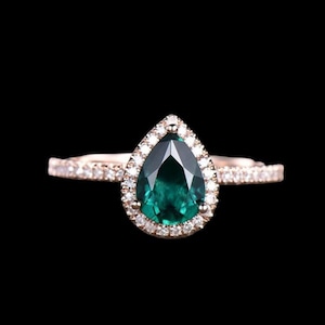 Emerald Moissanite Engagement Ring, 925 Silver Pear Emerald Ring For Women, Green Gemstone Solitaire Ring, Simple Statement Ring Her Gift.