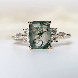 Octagon Moss Agate Gemstone 925 Silver Halo Engagement Promise Statement Ring Birthday Anniversary Graduation Gift promise ring for womens.
