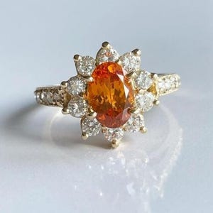 Orange Sapphire Engagement Ring Art Deco Halo Style Ring For Women 925Silver Vintage Orange Gemstone Wedding Ring Anniversary Gift For Women
