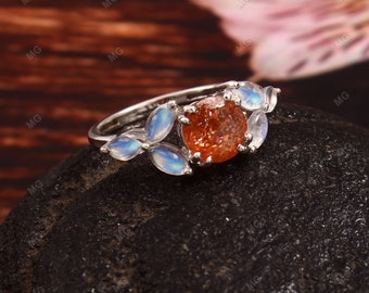 Vintage Sunstone & Moonstone Ring Orange Unique Gemstone Engagement Ring Natural Moonstone Sunstone Ring Art Deco Women Promise Ring For Her