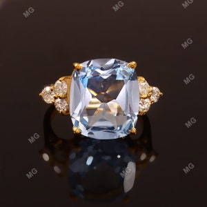 Aquamarine Ring March Birthstone Statement Ring 14K Gold Ring Engagement Ring Rectangle Ring Cocktail Ring Light Blue Ring Diamond Aquamrine
