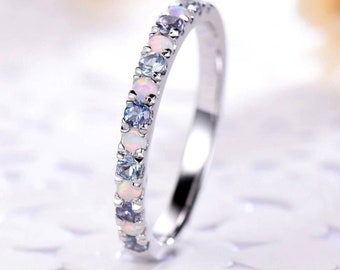 Fire Opal Alexandrite Wedding Band Half Eternity Ring Dainty Opal Stacking Ring Vintage Art Deco Ring Alexandrite band Women Opal Band Gift.