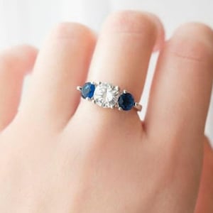 Natural Moissanite Sapphire Three Stone Ring 925 Sterling Silver Trilogy Ring London Blue Topaz Ring Engagement Ring Unique Gift For Women