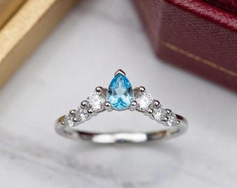 Dainty Natural Aquamarine Curved Stacking Ring |925 Silver Pear Ring Chevron Wedding Band Enhancer | Delicate Blue Gemstone Anniversary Ring