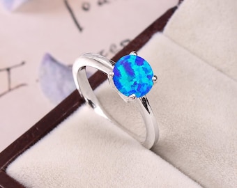 Round Blue Opal Ring 925 Sterling Silver Engagement Ring Opal Solitaire Ring October Birthstone