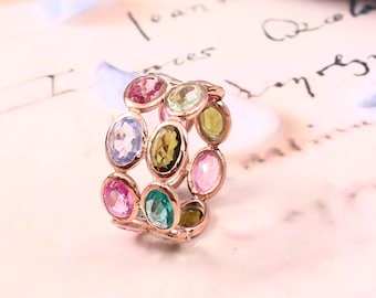 Multi Colored Tourmaline Ring, Rainbow Band Ring,14K Rose Gold Solid Silver Dainty Ring Multi Gemstone Ring, Wedding Band,Full Eternity Band