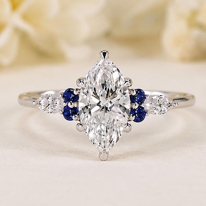 Verlovingsring met marquise geslepen natuurlijke moissanite, vintage trouwring met blauwe saffier, beloftesring, jubileumring, een verfijnd ringetje als cadeau voor haar.