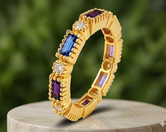 Anillo de plata de ley 925 con múltiples piedras preciosas, alianza de eternidad completa, alianza de boda a juego, anillo apilable único, regalo de cumpleaños para mamá.