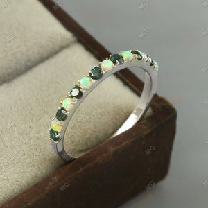 Opal Wedding Ring Opal and Green Tourmaline Wedding Band October Birthstone Ring Gemstone Band 925 Silver Stackable Ring Anniversary Gifts.