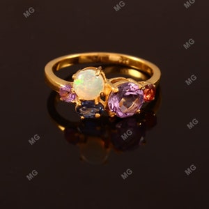 Rainbow Multi Stone Band, Rainbow Gemstone Ring, Rainbow Half Eternity Ring, Multi-color Natural Opal Amethyst, Rainbow Ring, Stacking Ring.