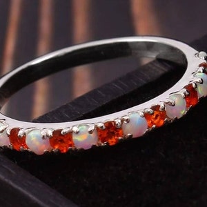 Opal & Orange Sapphire Band Opal Sapphire Wedding Band,Sterling Silver, Engagement Ring,Birthstone Ring, Gift For Her,Gift Band For Womens.