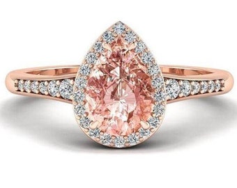 Pear Cut Pink Morganite Engagement Ring, Unique 14K Rose Gold Teardrop Morganite Wedding Ring, Natural Morganite Hidden Halo Promise Ring