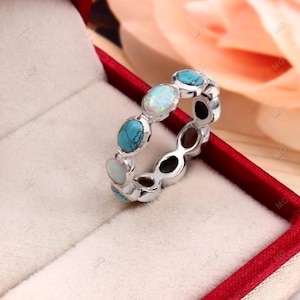 5x4 mm Opal Turquoise Wedding Band Sterling Silver Ring Full Eternity Stacking Ring Birthstone Stackable Ring White Blue Gemstone Ring Women