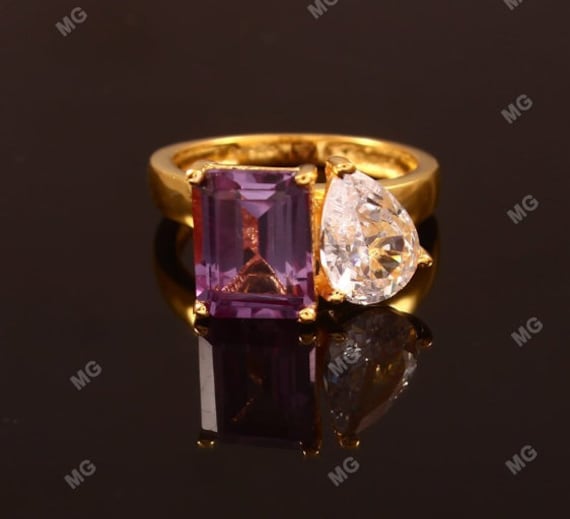 Amethyst & Pear Moissanite Toi et Moi Ring 14k Gold, Silver Modern Two Stone Engagement Ring, Dainty Bridal Wedding Ring, Valentine gift.