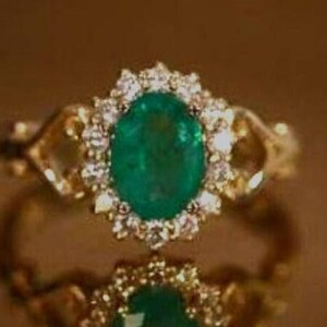 Anello di fidanzamento con smeraldo da laboratorio, argento 925, diamante, pietra portafortuna, maggio, anello da principessa Diana, alone floreale, fiore, infinito, eternità, ovale, alone, anniversario