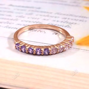 Pink Sapphire Wedding band Unique Rose gold Amethyst Wedding band Round cut Solid 925 Silver ring Matching Stacking band promise ring Gifts.