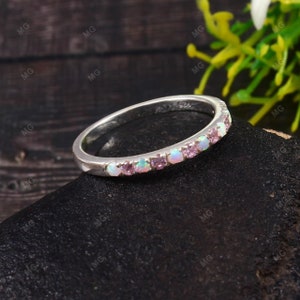 Sapphire & Opal Wedding Ring Sterling Silver Prong Pink Sapphire Eternity Band Birthstone Engagement Anniversary Ring Opal Bridal Ring Gifts