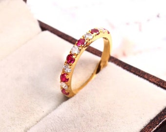 ルビーダイヤモンド結婚指輪 ルビーモアッサナイト交互共有爪結婚指輪 天然ルビーリング 結婚記念日指輪 女性へのジュエリーギフト
