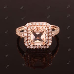 Princess Cut Morganite Engagement Ring Sterling Silver Pink Morganite Ring Morganite Moissanite Ring Pink Stone Ring Promise Ring for Women.