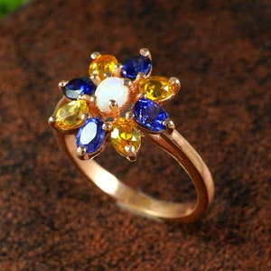 Unique Citrine Engagement Ring Oval Opal Sapphire Double Halo Wedding Ring opal purpose ring Sunflower Ring Birthstone Anniversary Ring gift