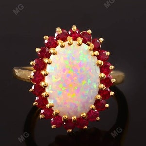 Vintage Fire Opal Engagement Ring Natural Garnet Ring 14k Gold Solid Silver Opal Ring Women Unique Ring Cluster Ring Art Deco Ring for Her.