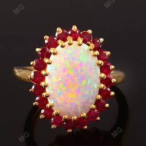 Vintage Diana Halo Garnet Engagement Ring 9x13 mm Oval Cut Opal Red Garnet Halo Ring, January Birthstone Promise Ring Princess Diana Womens.