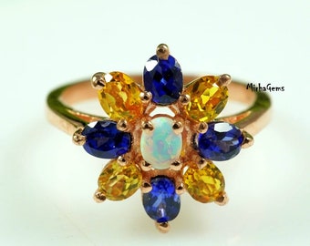 Yellow Citrine Sapphire Opal Cluster Ring 14K Gold Personalised Wedding Engagement 925 Silver Birthstone Gift for Her.