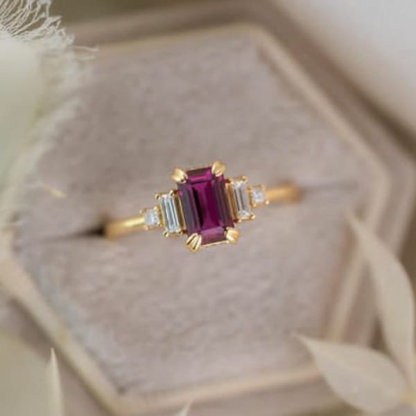 Rhodolite garnet ring rhodolite diamond ring 925 Silver ring, Emerald Cut garnet ring, Wedding Cluster engagement ring, red stone ring Gifts
