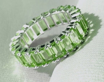 Emerald Cut Amethyst Green Full Eternity Wedding Band For Her Natural Eternity Band Silver Stackable Band For Engagement Ring Gift for Women