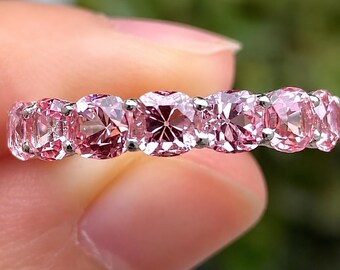 Gradient Natural Pink Sapphire Dainty Ring Pink Sapphire Half Eternity Stacking Ring, 4mm September Birthstone Wedding Band For Women
