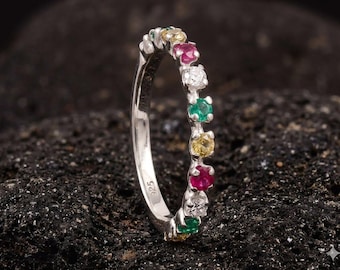 Natural Tourmaline Wedding Ring, Dainty Rainbow Ring for Women, White Gold  Half Eternity Band Ring Multi Gemstone Ring Anniversary Ring