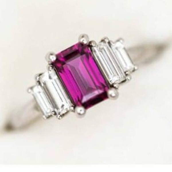 Hot Pink Sapphire Emerald Cut Engagement Ring Custom Sterling Silver Topaz Wedding-Anniversary-Valentine Gift Promise Wedding Ring For Her.