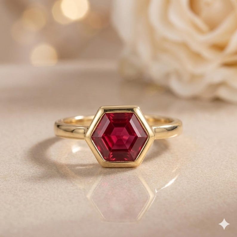 May include: A gold ring featuring a central hexagonal-cut deep red gemstone set in a smooth metal bezel. The band is polished gold, creating a clean and simple design that highlights the geometric shape of the vibrant red stone at its centre.