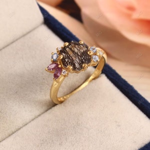 Hexagon Black Rutilated Quartz 925 Silver 14K Gold Halo Multi Engagement Promise Statement Ring Birthday Graduation Anniversary Gift For Her
