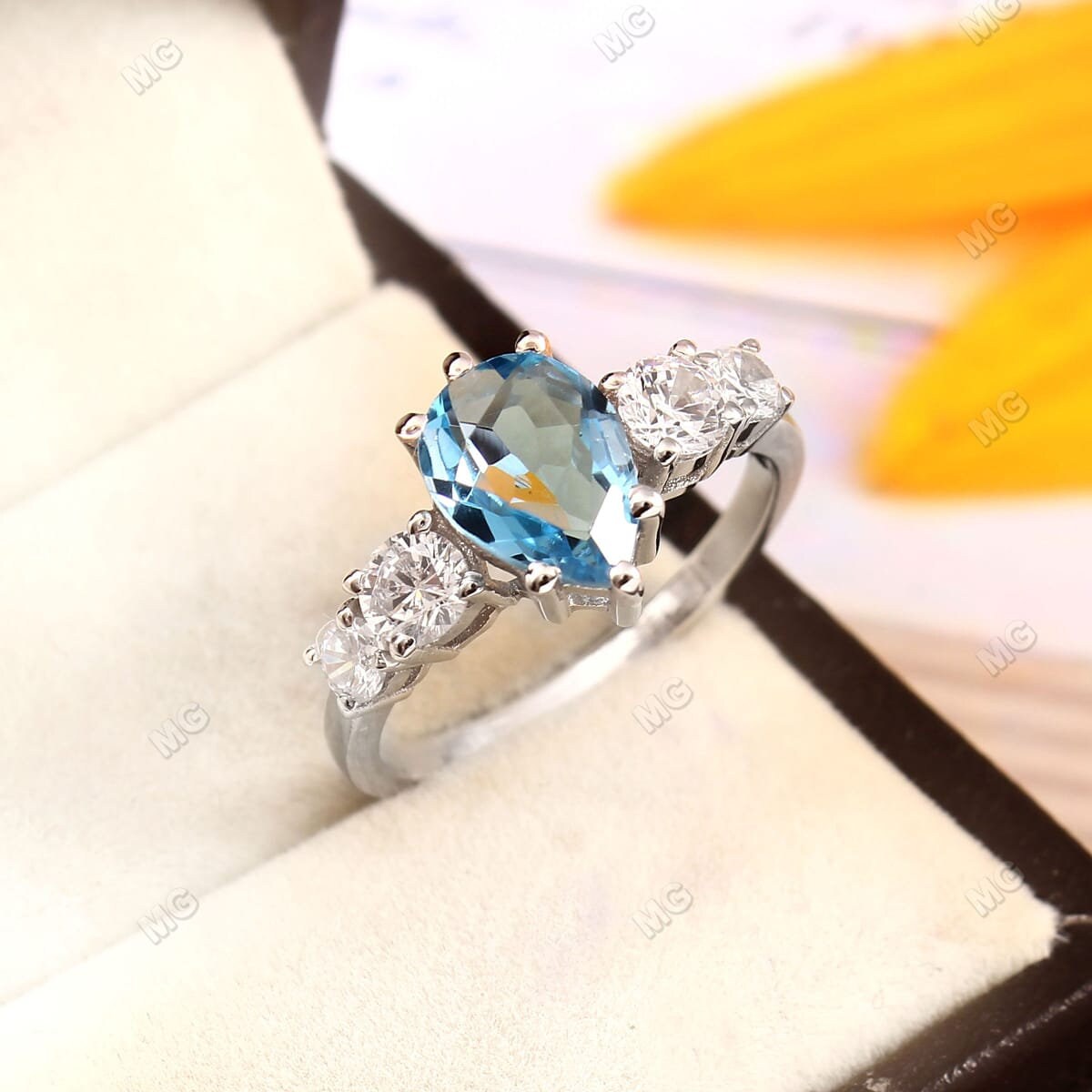 Turtleland 925 Sterling Silver Blue White Topaz Engagement Ring - Size 9, Elegant