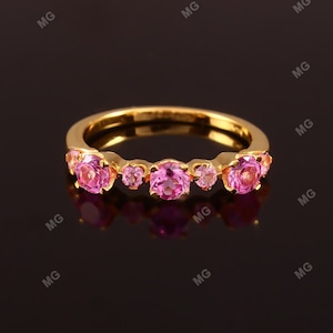 Adorable Floral Half Eternity Band 14k Gold Plated 925 Silver Pink Sapphire Birthstone Dainty Ring Flower Ring Custom Floral Engagement Ring