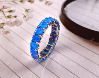Lab Blue Opal Engagement Band For Women Emerald Cut Blue Opal Gemstone Band Vintage Full Eternity Band Stacking Band Anniversary Gift