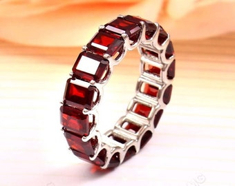 Natural Red Garnet Engagement Ring Band Emerald Cut Garnet Eternity Band Silver Ring Red Garnet Wedding Band Silver Full Eternity Bridal Set