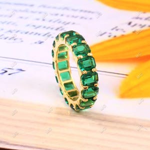 Unique Emerald Wedding Band 925Silver Vintage Delicate Ring Green Gemstone Band Full Eternity Gold Matching Band May Birthstone Gift For Mom