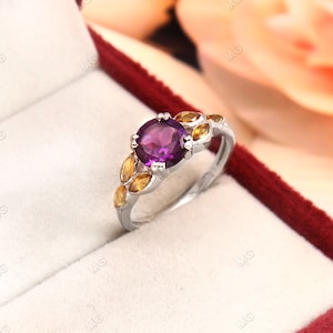 Ronde amethist verlovingsring sierlijke paarse amethist ring clusterring zilveren delicate ring citrien belofte ring vrouwen verjaardagscadeau.