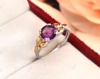 Round Amethyst Engagement Ring Dainty Purple Amethyst Ring Cluster Ring Silver Delicate Ring Citrine Promise Ring Women Anniversary Gift.