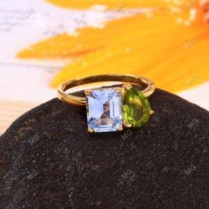 Aquamarine Peridot Birthstone Promise Ring, Sterling Silver Ring,Blue Green Gemstone Ring,Personalized Handmade Wedding Toi Et Moi Ring Gift