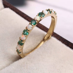 2mm opal ring emerald ring vintage Half eternity opal wedding band emerald wedding ring band 925 Silver anniversary bridal matching band.