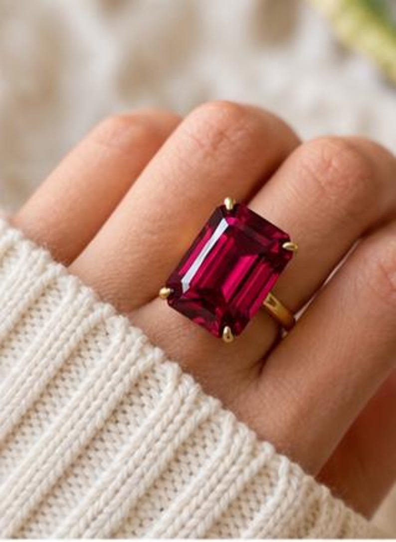 エメラルドカットルビーリング、ラボグロウンルビー婚約指輪、ヴィンテージステートメントリング、7月の誕生石リング、彼女への記念日ギフト 画像 10