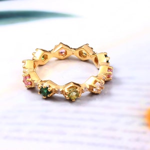 Natural Colored Tourmaline Ring, Rainbow Band Ring,14K Gold Solid Silver Dainty Ring, Multi Gemstone Ring, Wedding Band,Full Eternity Bands.