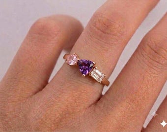 Trillion Amethyst Three Stone Ring in Rose Gold, Unique Pear Pink Sapphire Engagement Ring, Emerald Cut Morganite Ring, Anniversary Gift