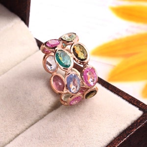 Multi Colored Tourmaline Ring, Rainbow Band Ring,14K Rose Gold Solid Silver Dainty Ring Multi Gemstone Ring, Wedding Band,Full Eternity Band