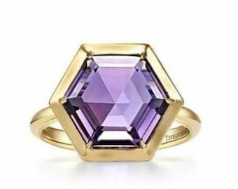 Vintage Hexagon Cut Natural Amethyst Ring | 8mm Faceted Purple Amethyst Solitaire Engagement Ring in 14k Gold, Art Deco Bridal Promise Ring