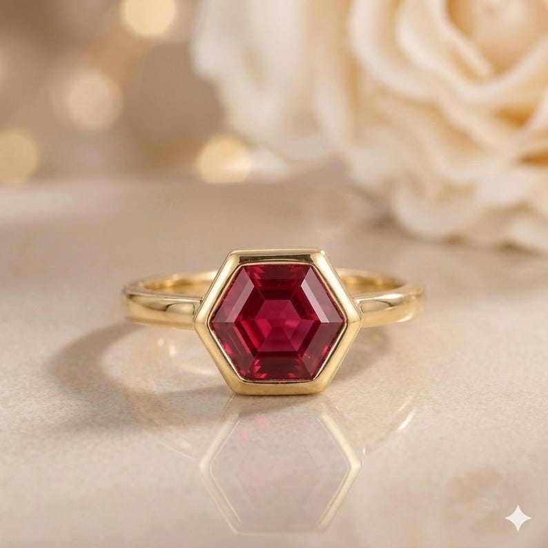 May include: A gold ring featuring a central hexagonal-cut deep red gemstone set in a smooth metal bezel. The band is polished gold, and the design highlights the geometric shape of the stone, which reflects light across its faceted surface.