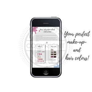 K&ouml;nnte beinhalten: Ein Smartphone-Bildschirm zeigt einen Leitfaden, um die perfekten Make-up- und Haarfarben zu finden. Der Leitfaden enth&auml;lt Informationen &uuml;ber k&uuml;hle Sommerfarbpaletten und listet Make-up- und Haarfarbenoptionen auf.